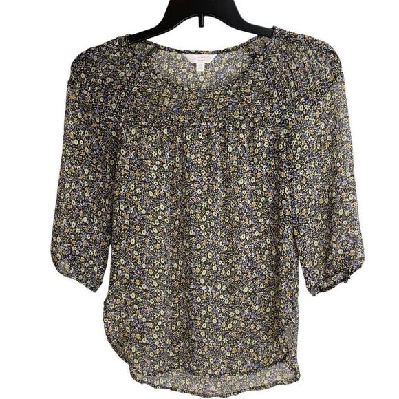 LC Lauren Conrad Multicolor Floral Crew Neck Pleated 3/4 Sleeve Blouse Size XS - Picture 1 of 8